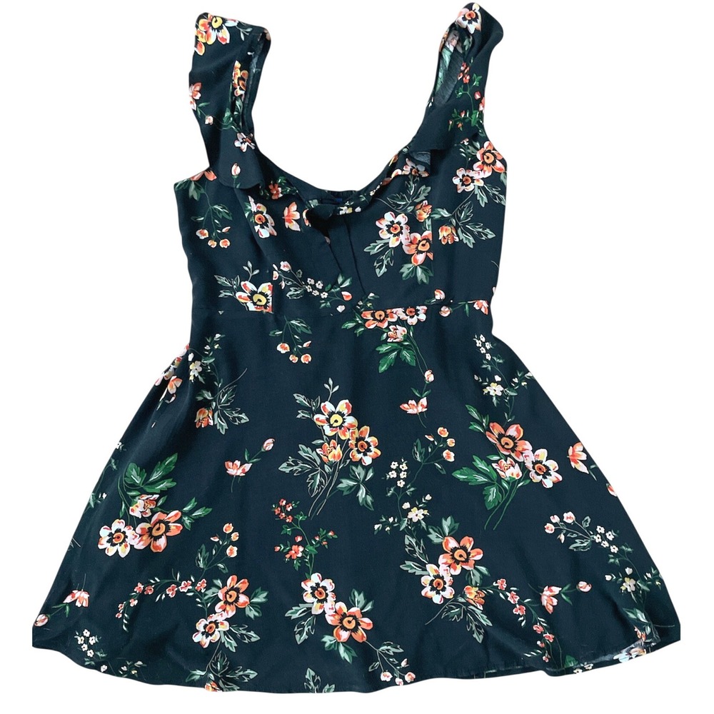 Aeropostale Womens Floral Ruffle Strap Smocked Back Mini Dress Black XL